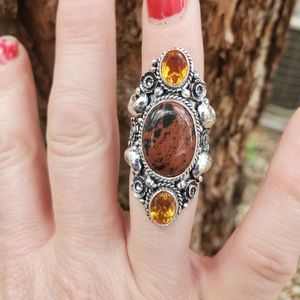 New Witchy Mahogany Obsidian & Citrine 925 Silver Statement Ring.